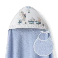 Okrycie kąpielowe 100x100 Żyrafa          niebieski ręcznik z kapturkiem + śliniaczek bawełniany frotte