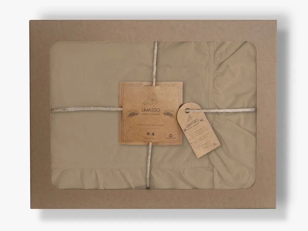 Pościel bawełniana 160x200 beżowa z falbanką w pudełku jednobarwna Stonewashed Akdeniz Beige