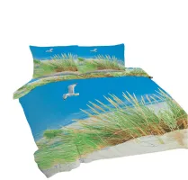 Pościel bawełniana 160x200 Plaża mewy trawa niebieska zielona Universal Matex