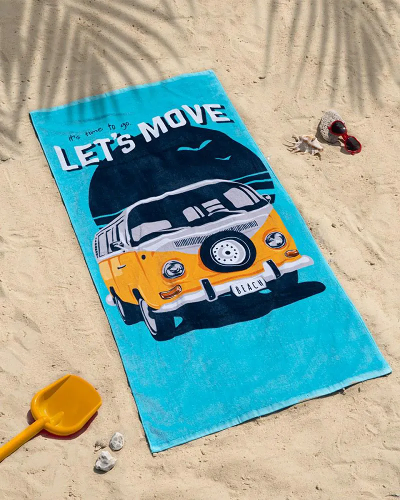 Ręcznik plażowy 70x140 Let`s Move samochód seledynowy granatowy biały Design 39 3854 bawełniany