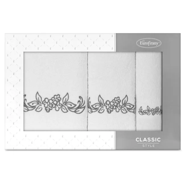 Komplet ręczników w pudełku 3 szt. Clavi  biały grafitowy kwiaty 380 g/m2 Eurofirany