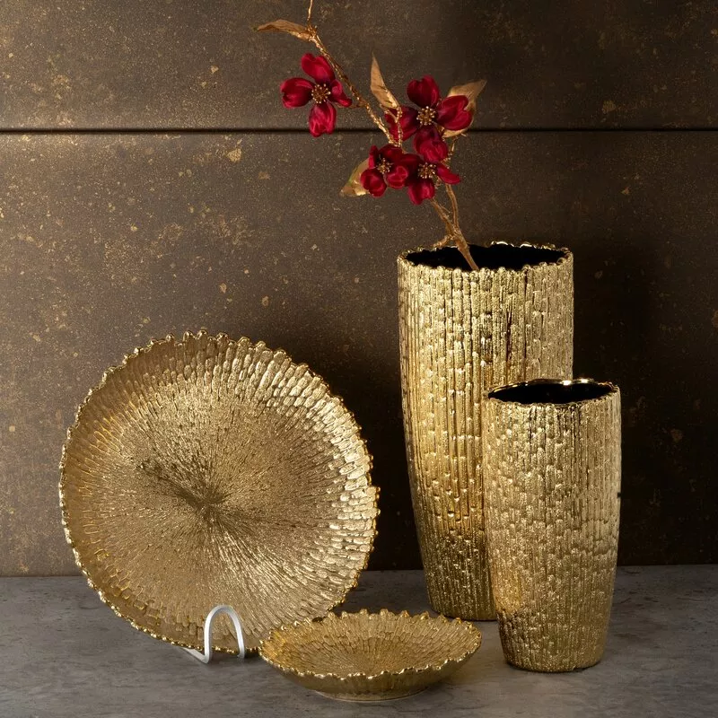 Patera ceramiczna 32x6 Avi złota  z wytłaczanym wzorem w stylu glamour dekoracyjna Eurofirany