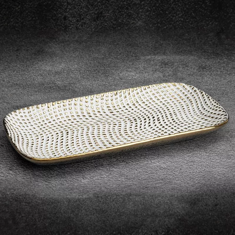 Patera ceramiczna 30x16x3 Verda biała  złota z drobnym wytłaczanym wzorem dekoracyjna Eurofirany