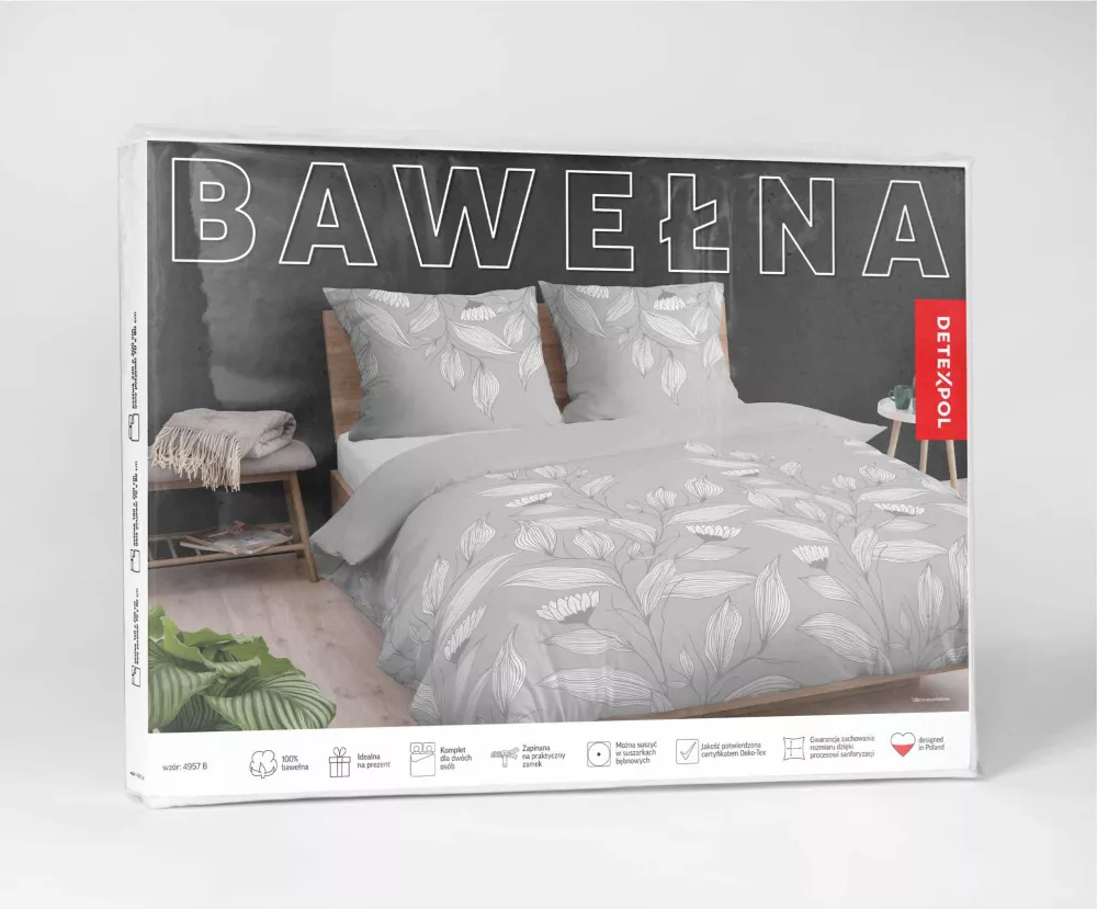 Pościel bawełniana 220x200 szara liście  4957B Bawełna 84