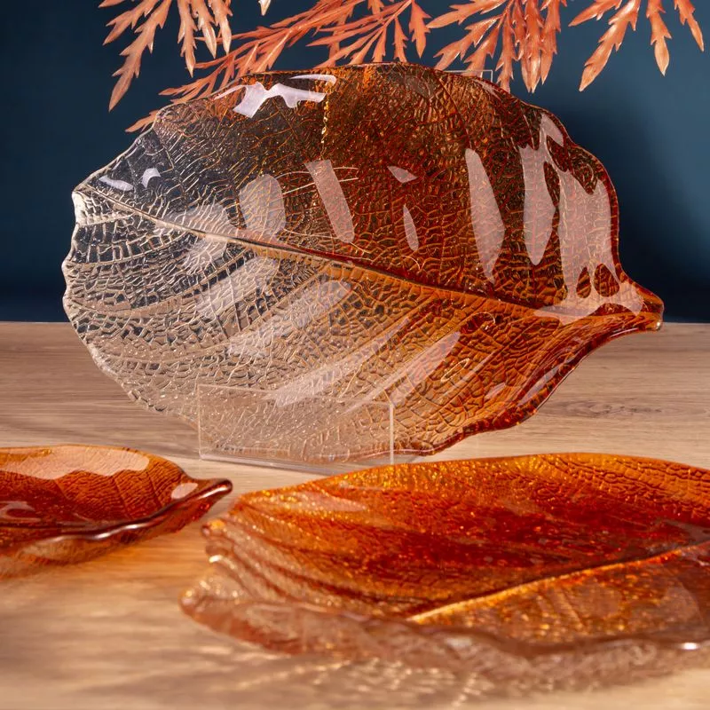 Patera dekoracyjna 26x19x2 Sava  pomarańczowa liść szklana Eurofirany