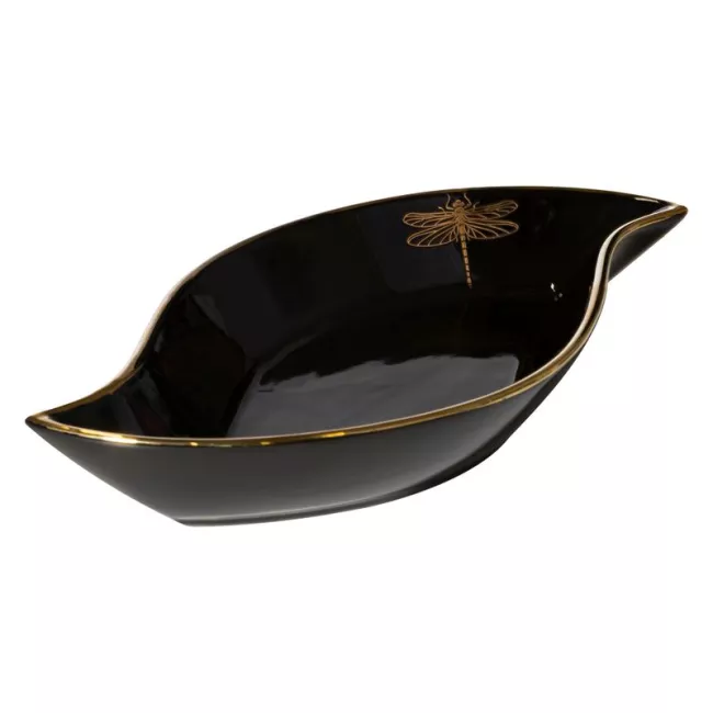 Patera ceramiczna 31x17x5 Lori czarna  złota z nadrukiem złotej ważki dekoracyjna Eurofirany