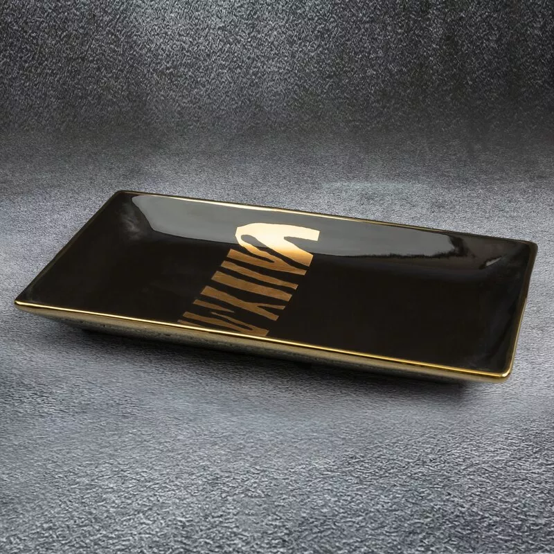 Patera ceramiczna 35x20x7 Selena czarna  złota o geometrycznym kształcie dekoracyjna Eurofirany