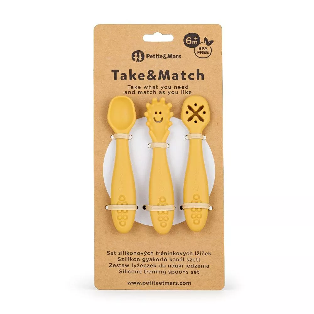 Zestaw silikonowych łyżeczek do nauki  jedzenia 3 szt. Take&Match żółty 6m+ PETITE&MARS