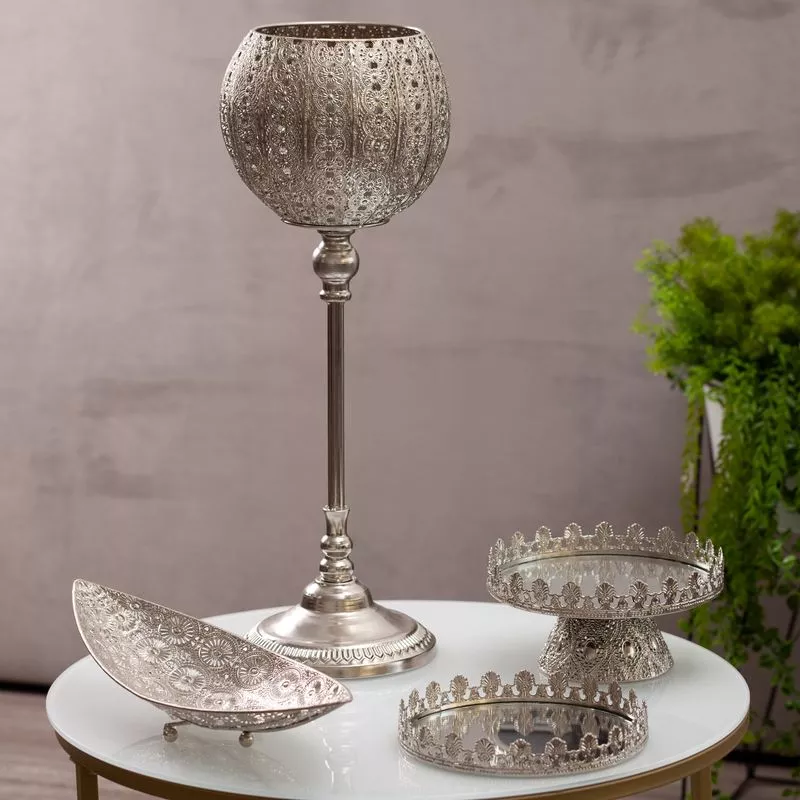 Patera ceramiczna 22x5 Ameli srebrna  z lustrzanym blatem dekoracyjna Eurofirany