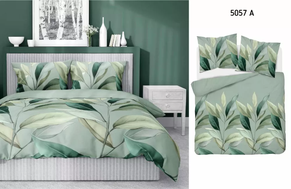 Pościel satynowa 160x200 miętowa zielona  liście 5057A Home Satin 27